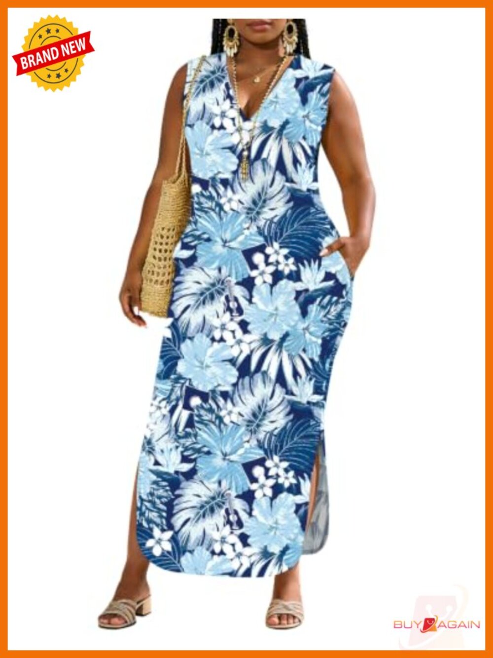 Plus Size Maxi Dress Sleeveless V-Neck Hawaiian Print Beach Dress with Pockets